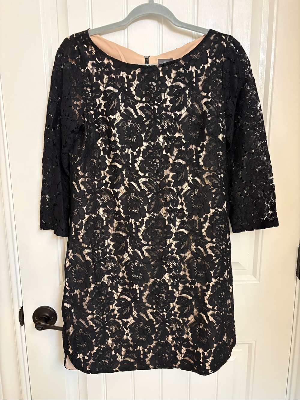 Vince Camuto Black Floral Lace Shift Dress with Nude Lining.